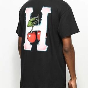 HUF T-Shirt Mens Small Black Cherry H Graphic Short Sleeve Streetwear Skate